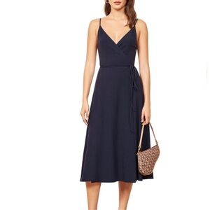 Reformation Vicky Wrap Dress Women’s XS Navy Blue Stretch Midi Sleeveless P